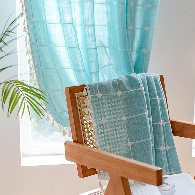 Deeprove Boho Plaid Curtains 63 inch for Home Office Kitchen Nursery Playroom, Semi Blackout Farmhouse Tassels Window Treatment Bohemian Embroidery Drape Rod Pocket 1 Panel 52" W x 63" L, Aqua