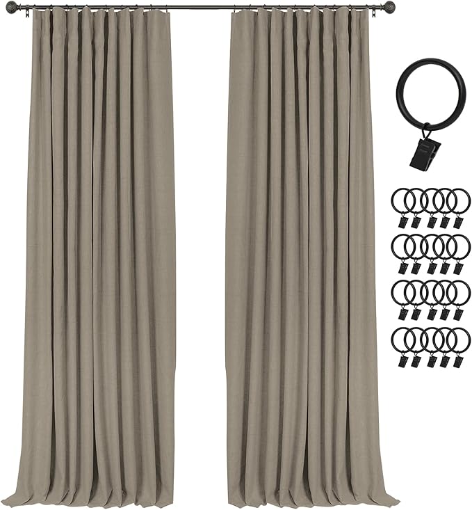 INOVADAY 100% Blackout Curtains for Bedroom, Black Out Curtains 96 Inch Long, Clip Rings Linen Blackout Drapes, Thermal Insulated Room Darkening for Living Room, 2 Panels - Fauxlinen,W50xL96