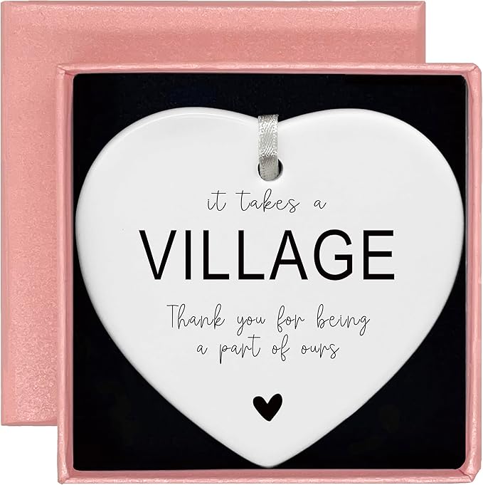 Ceramic Heart Shaped Christmas Ornament-It Takes a Village Appreciation Gift-Thank You for Being a Part of Ours-Present for Coworker Babysitter Neighbor Teacher-Child Care Worker Keepsake Décor