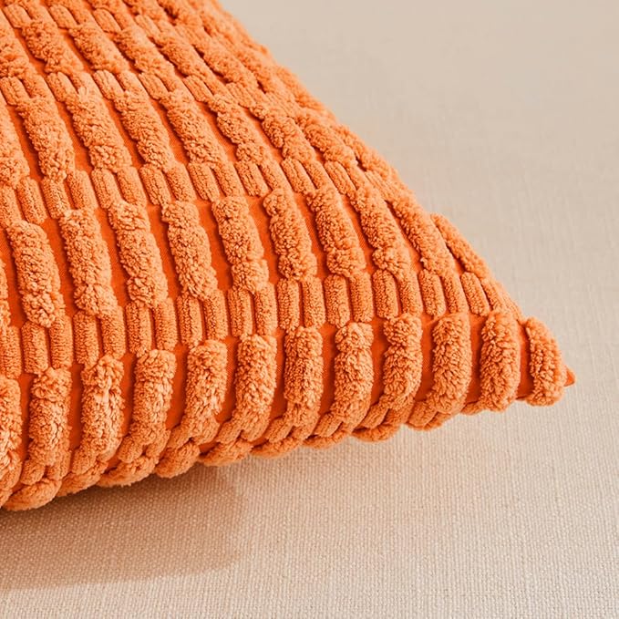 Fancy Homi 2 Packs Orange Decorative Throw Pillow Covers 20x20 Inch for Living Room Couch Bed Sofa, Soft Striped Corduroy Square Cushion Case 50x50 cm, Rustic Farmhouse Boho Fall Home Decor