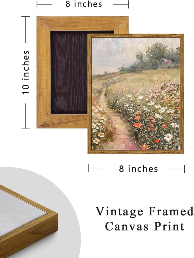 ARPEOTCY Vintage Framed Floral Wall Art, Bedroom Bathroom Country Flower Fields Art Decor, Canvas Print Retro Paintings, Home Rustic Landscape Farmhouse Decor, 8x10 Inch