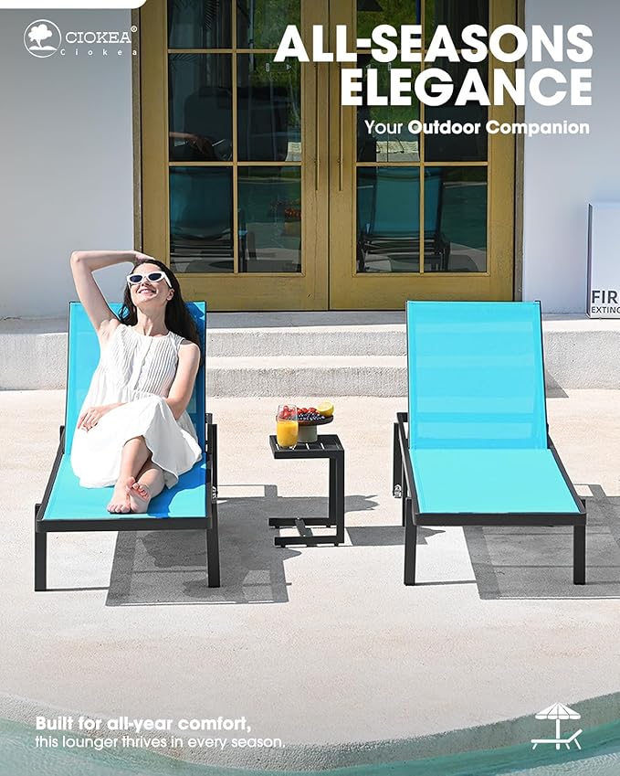 Ciokea Patio Chaise Lounge Chair Set of 2, Outdoor Lounge Chairs with Wheels, 5-Position Adjustable Sun Loungers for Pool, Deck, Beach, Lake Blue