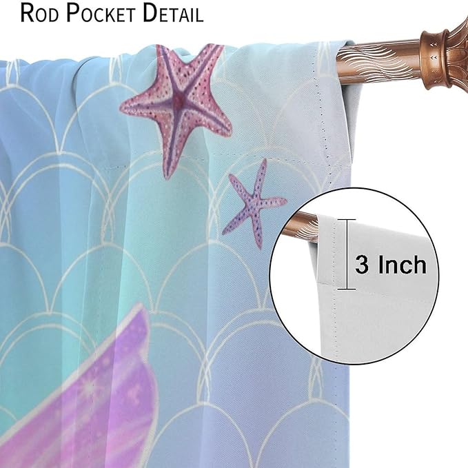 Fantasy Mermaid Curtain Colorful Rainbow Fish Tail Ocean Theme Beautiful Kids Window Treatment for Girls Bedroom Nursery Room Decor Rod Pocket Window Drapes 55x63in