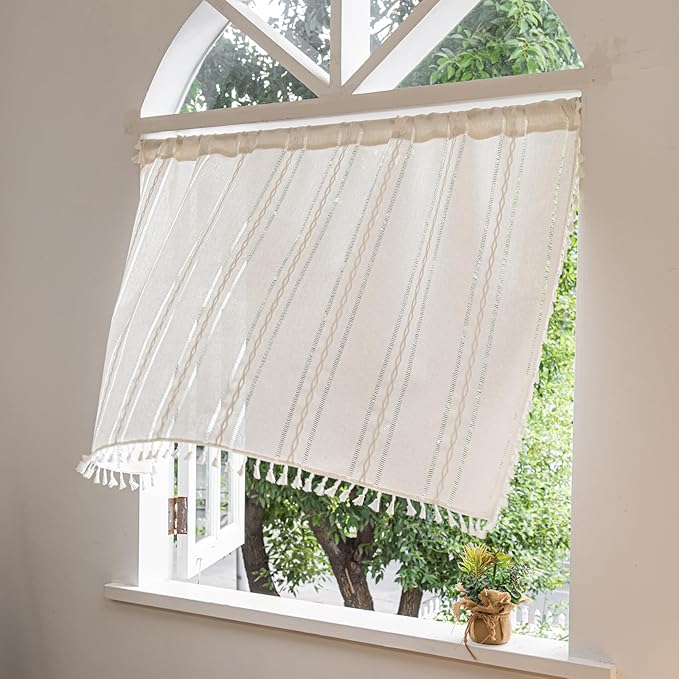 Deeprove Ivory Boho Curtain Valance for Cafe Kitchen Closet Doorway Decor, Sheer Bohemian Farmhouse Cotton Linen Short Panel Tassel Trim Classic Rustic Window Treatments Panel, W52 x L18, 1 Piece