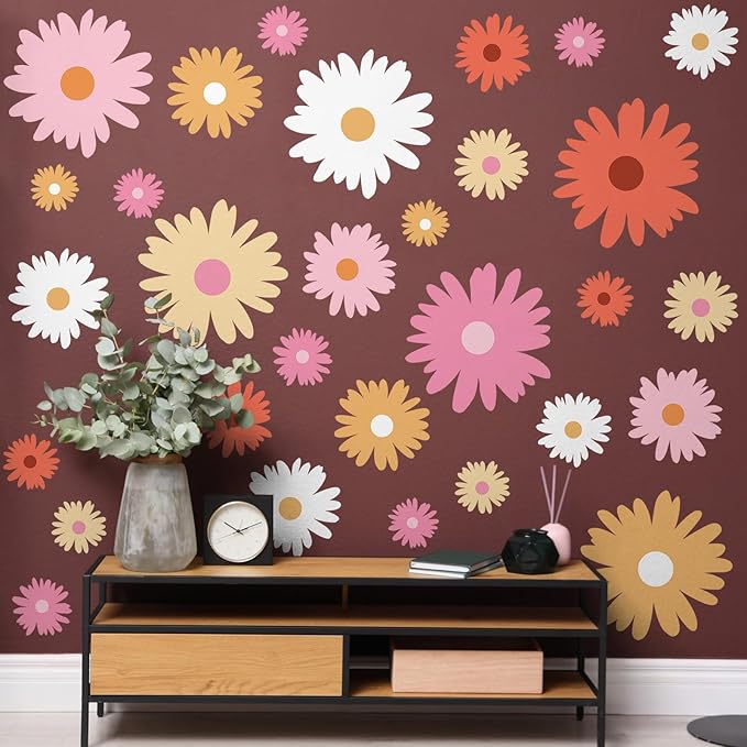 TaoBary 12 Sheets Daisy Wall Decal Flower Wall Sticker Cute Daisy Sticker Pink White Flower Decal Peel and Stick Floral Wallpaper for Nursery Bedroom Home Decor(Bright Color,Artsy Style)