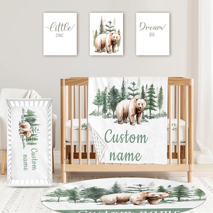 Custom Baby Crib Bedding Set,Personalized Name Brown Bear Theme Nursery Bed Set 4 Piece,Baby Blanket Fitted Sheet Nursery Rug Wall Art Set,Custom Room Decor Idea Gift for Newborns Boys Girls