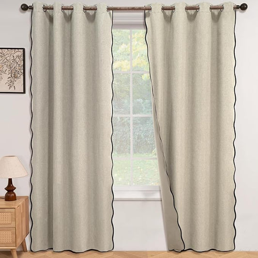 ColorBird Linen Blackout Curtains 84 Inches Long Scalloped Neutral 100% Black Out Winter Thermal Insulated Curtains & Drapes for Living Room Bedroom Dining Room Nursery Window Treatment