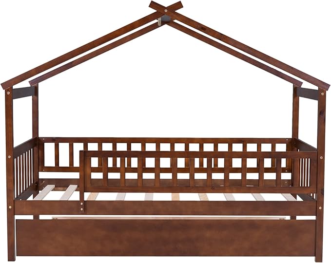 Harper & Bright Designs Twin House Bed with Trundle, Kids Twin Platform Frame Rails and Roof, Tent Bed, Wood Playhouse Twin Montessori for Teens Girls & Boys, No Box Spring Needed (Walnut)
