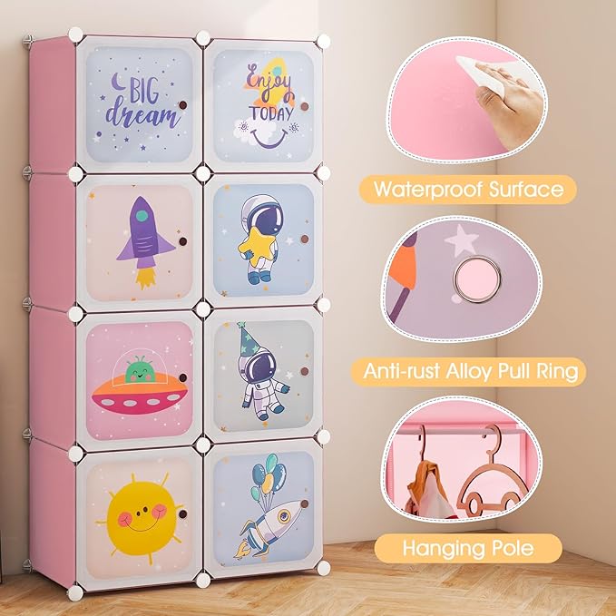 INFANS Children Wardrobe, Kid Closet Portable Baby Dresser Cute for Kids Bedroom Nursery Armoire with Doors 12 Cube 2 Hanging Sections, Kid Clothes Storage Organizer (Pink, 8 Cubes)