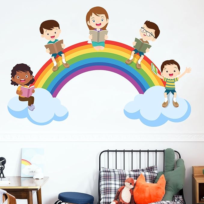 Kids Wall Decals Large Rainbow Wall Stickers for Nursery, Educational Reading Corner Decor Posters Cloudy Rainbow Student Reading Wall Art Murals for Kids Room Playroom Classroom