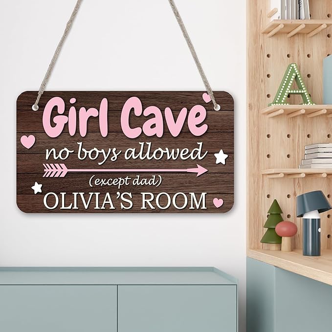Pink Girl Cave Signs Personalized House Room Door Sign Custom Name Signs Kids Girls Bedroom Decor Nursery Room Entryway Wood Hanger Art Wall Plaque 12x6 Inches