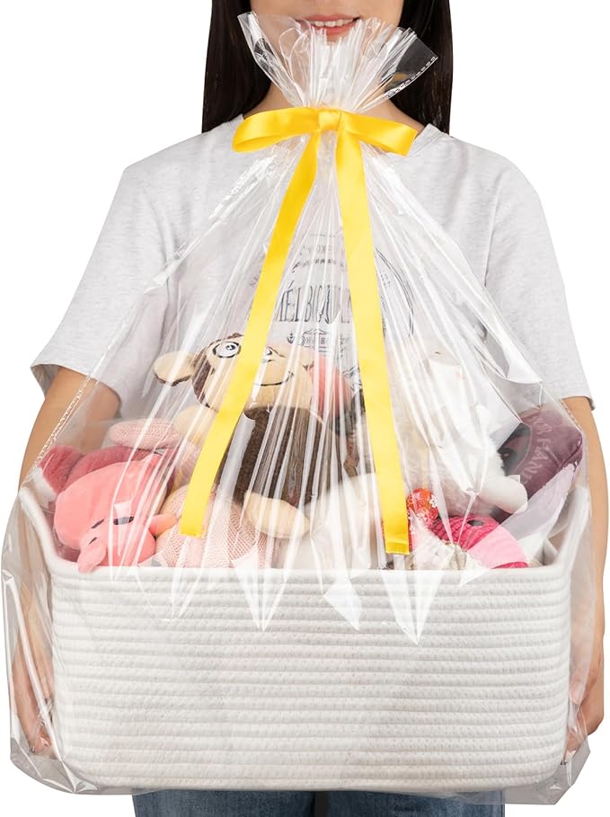 OIAHOMY 19L Woven Basket with Gift Bags and Ribbons, Gift Basket Empty for Baby Showers Birthday, Nursery Bin with Handles for Baby Room Living Room, Pet Toy Bins for Toy Organizer- White