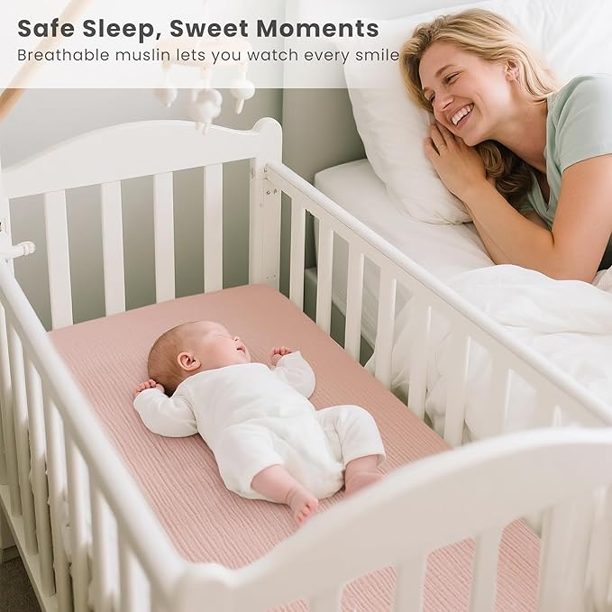 Konssy Muslin Fitted Bassinet Sheets 2 Pack for Baby Girl Boy, Soft Bedside Sleeper Bassinet Sheets Fit for Baby Bassinets, Moses Basket Oval Rectangle Pad/Mattress