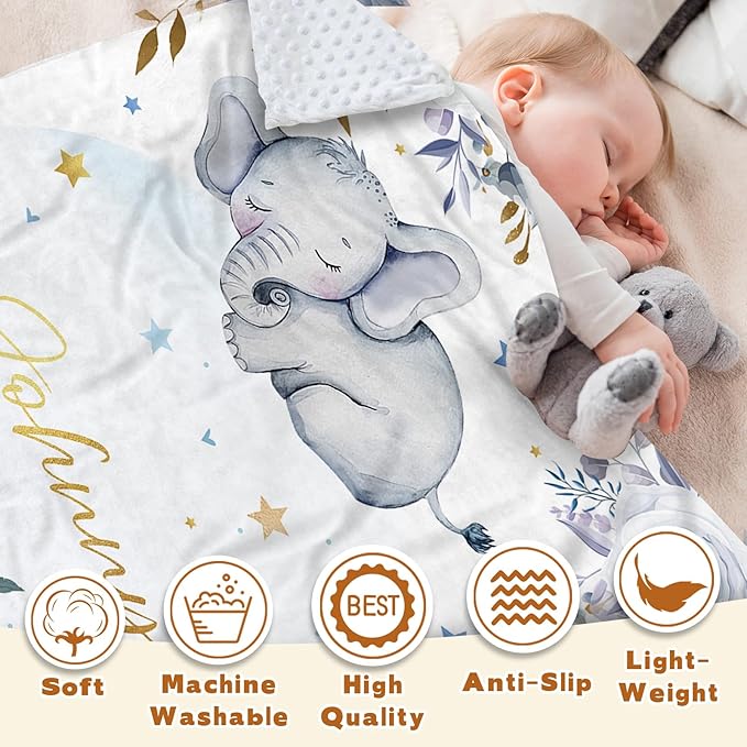 Personalized Baby Blanket for Boys Girls, Custom Baby Blanket with Name, Flannel Blue Elephant Blanket Personalized Gifts for Kids Newborn Infant, Ideal for Birthday Baby Shower(60" x80)