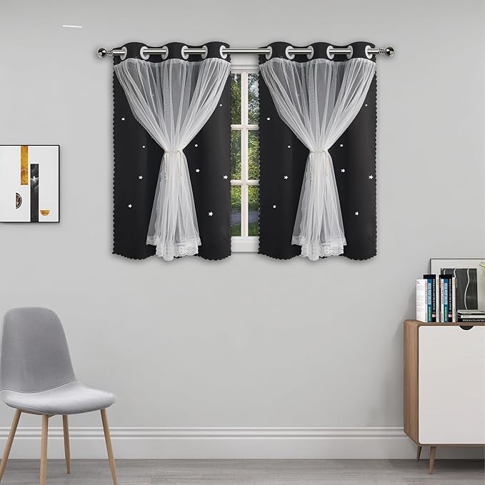 Cute Blackout Curtains for Girls Bedroom - Black Aesthetic Star Cutout Double Layer with Sheer Overlay, 45 Inch Length 2 Panels Teens Kids Room Curtain Nursery Decor Short Drapes