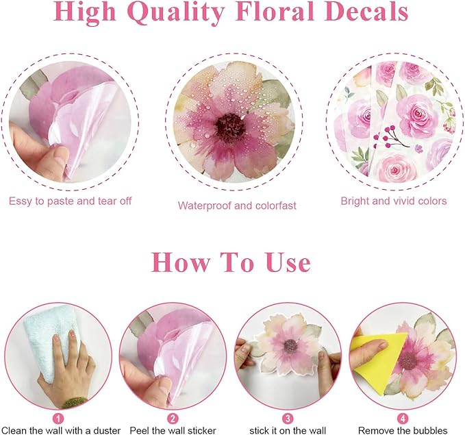 AOWDIAO 60 Pcs Flower Peel and Stick Wall Decals Watercolor Vinyl Peony Floral and Leaves Wall Stickers Pastel Flower Decor for Girls Bedroom Nursery Classroom Living Room
