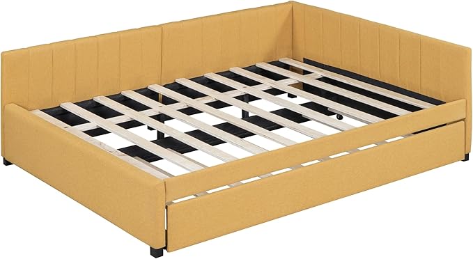 Harper & Bright Designs Full Size Upholstered Daybed with Trundle Sofa Bed Frame for Boys Girls Kids Adults Toddler No Box Spring Needed, Linen Fabric(Yellow)