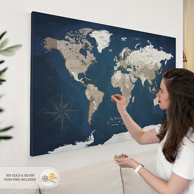 ElephantStock - My World Adventures Push Pin Travel Map I Wall Art - Horizontal Canvas Wall Art - Living Room Wall Decor - Printmaking Map Canvas Art - Blue And Beige Decor - 48" x 32"