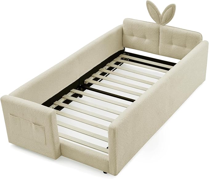 DEINPPA Twin Size Platform Bed Frame with Rabbit Ear Shaped Headboard and Pocket, Boucle Upholstered Bed Frame with Guardrail for Children Kids Boys Girls-Camel