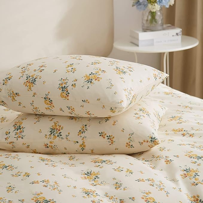 HighBuy 3 Pieces Duvet Covers Queen Size Yellow Floral Duvet Cover Set,Ultra Soft Cotton Bedding Set Botanical Printed Soft Aesthetic Bed Cover with Zipper Closure 4 Ties All Season