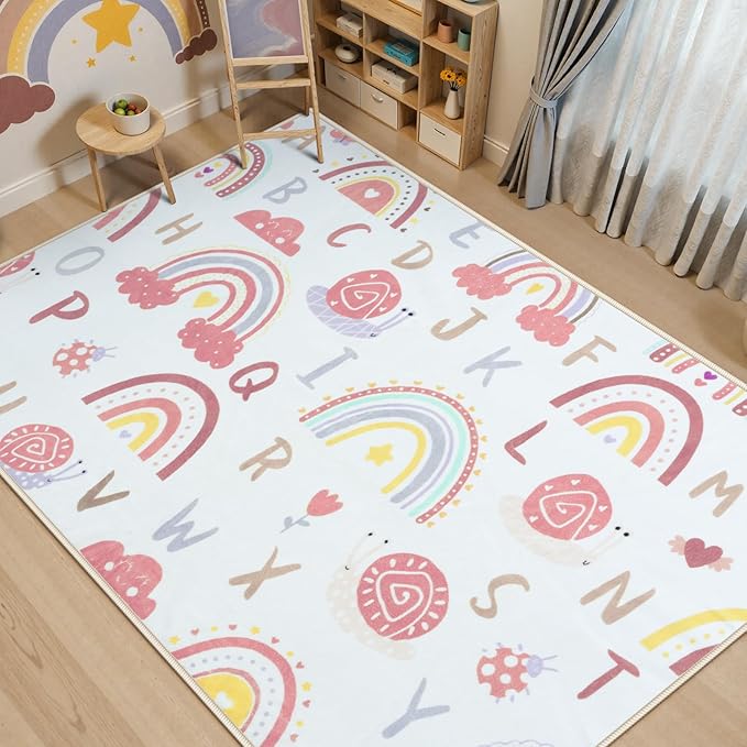 LIVEBOX Rainbow Kids Rug-5x7 Playroom Nursery ABC Educational Carpet,Washable Non Slip Soft Low Pile Area Rug for Bedroom,Preschool Classroom(Pink)