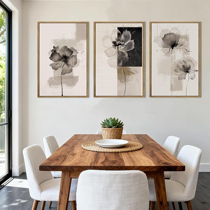 IARTTOP Extra Large Black Neutral Framed Wall Art 24x36 Inch Beige Tan Abstract Floral Canvas Wall Decor Set of 3 Minimalist Modern White Flower Art Prints for Living room Bedroom