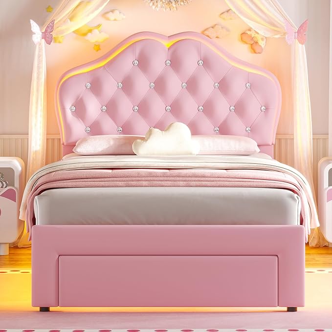 BTHFST Twin Size Girl Bed with Storage Drawer & LED Lights, Upholstered Platform Bed, Adjustable Headboard with Velvet Crystal Button Princess Bed, Solid Wood Slats Support, No Box Spring Needed, Pink