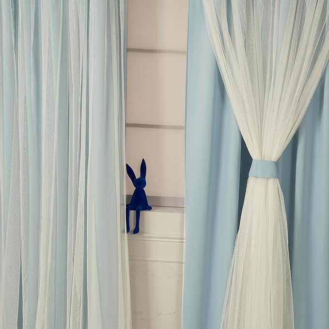 INLINAS 52 x 108 Inch Blackout Curtains with Sheer Overlay - Back Tab and Rod Pocket Thermal and Noise Reduction Panels for Bedroom and Living Room Light Blocking and Energy Saving, Sky Blue, Set of 2