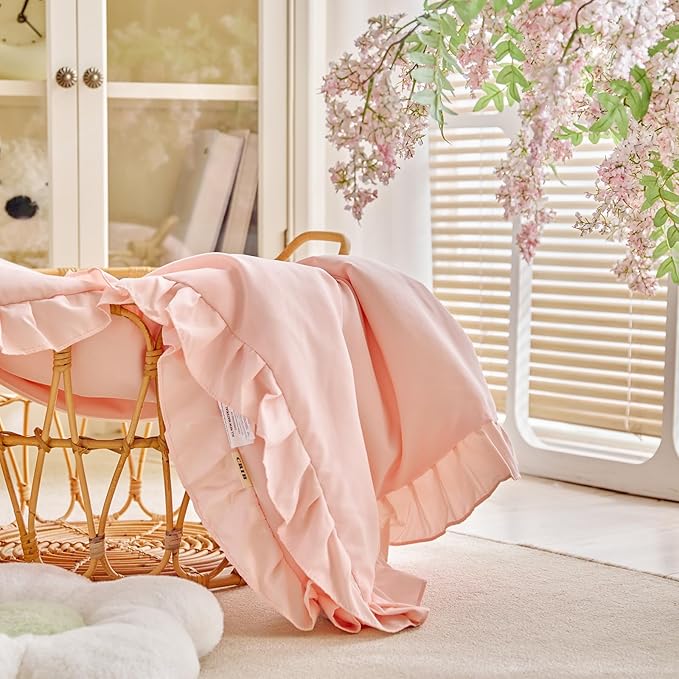 Ruffled Toddler Blanket Ruffle Comforter for Baby Toddler Girls, Soft Cozy Cute Quilted Blanket Breathable Microfiber Comfortable Down Alternative Small Size Quilt with Ruffle - 43"x 60" Light Pink