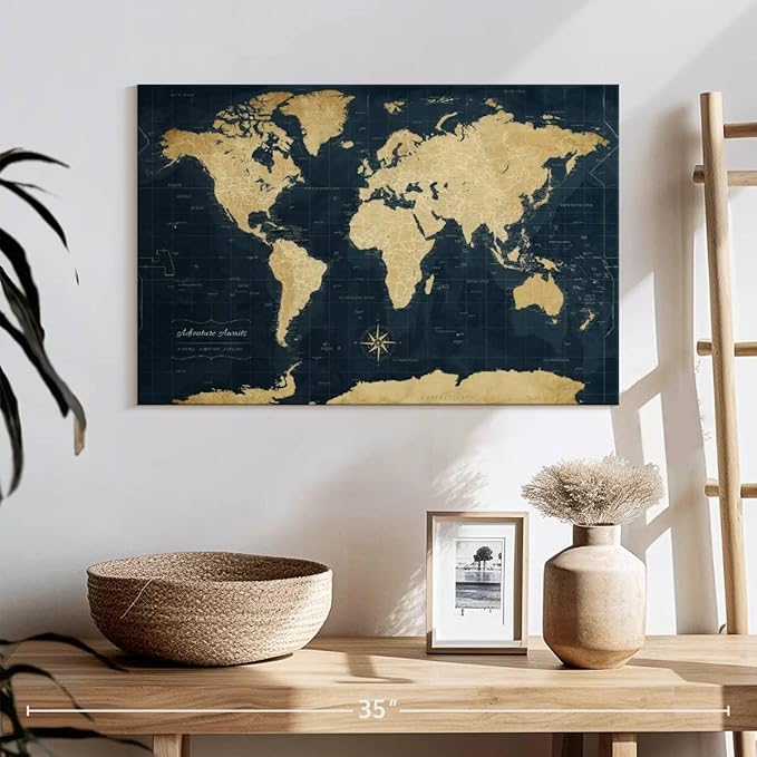 ElephantStock - Adventure Awaits World Map With Push Pins Wall Art - Horizontal Canvas Wall Art - Living Room Wall Decor - Digital Art Map Canvas Art - Gold And Blue Decor - 24" x 16"