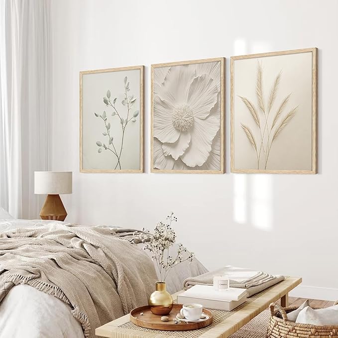 CHMMART 3 Piece Neutral Botanical Framed Wall Art Beige Floral Canvas Art Prints Minimalist Flower Pictures Wall Decor Boho Painting Artwork for Living Room Bedroom Bathroom 16x20in