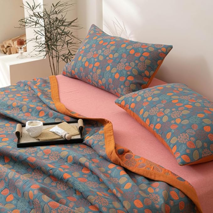 100% Cotton Jacquard Quilt Rustic Floral Leaves Print,Soft Muslin Bed Cover 3 Layers Reversible Bedspread Coverlet Breathable Lightweight Bedding,Full/Queen(78"x94"), No Pillow Sham