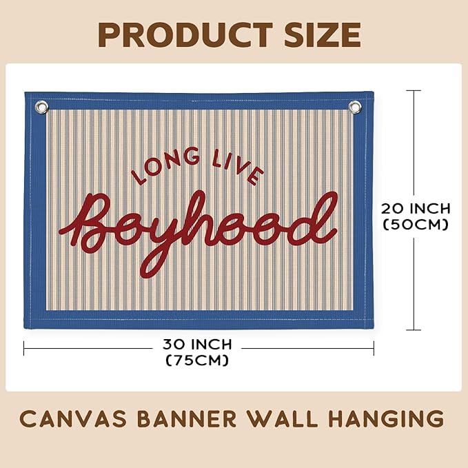 Long Live Boyhood Banner, Boy Nursery Decor, Canvas Banner Wall Hanging Flag Decor for Nursery Playroom Toddler Room, Boys Kids Room - Retro