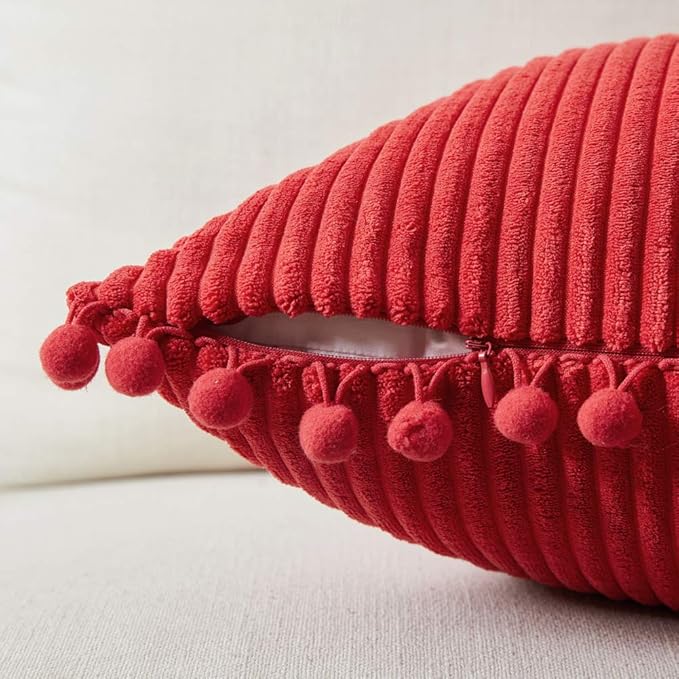 Fancy Homi Pack of 2 Christmas Rectangle Decorative Throw Pillow Covers with Pom-poms, Soft Corduroy Accent Solid Cushion Case Set for Couch Sofa Bedroom Car Living Room (14x24 Inch/35x60 cm, Red)