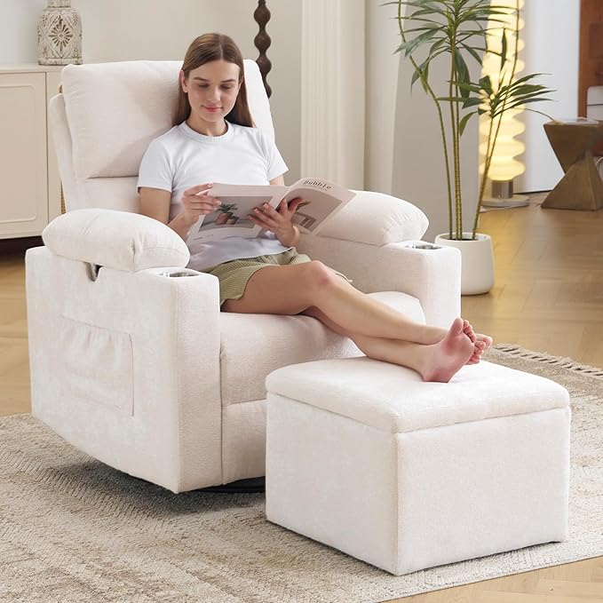 Rocking Chair Nursery with Adjustable Armrests, Electric Glider Recliner Nursing Chair for Breastfeeding with Ottoman, Power Swivel Recliner Chairs with Massage and Heat, White