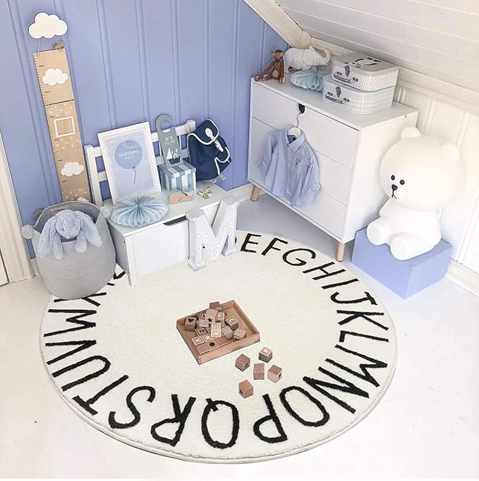 Topotdor Round Kids Play Rug Alphabet Nursery Area Rug Extra Large Soft Crawling Play Mat for Children Toddlers Bedroom (63 inch, White)
