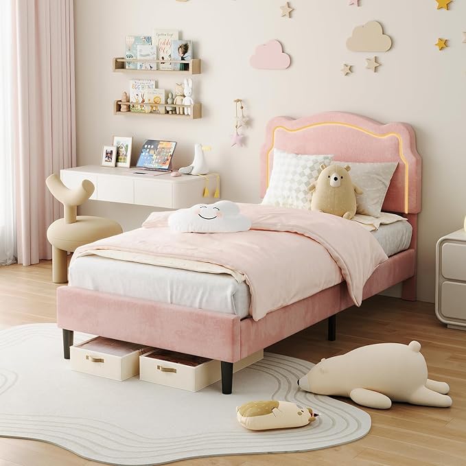 GarveeHome Twin Upholstered Smart LED Bed Frame with Headboard, Velvet Princess Platform Bed Frame for Kids, Wooden Slats Support, No Box Spring Needed (Pink, Twin)