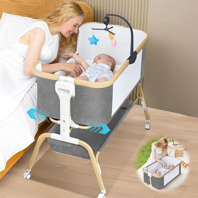 Baby Bassinet, Rocking Bedside Sleeper, Detachable & Portable Bassinet with 8-Level Height, Breathable Mesh, Storage Basket & Rotating Mobile Toy for Newborns Infant(Light Grey)