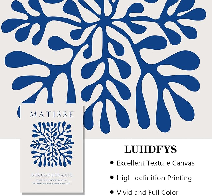 LUHDFYS Blue Matisse Canvas Wall Art Print,Abstract Matisse Wall Art Exhibition Posters Set of 3,Navy Blue Canvas Prints,Landscape Aesthetic Decor for Bedroom Bathroom Living Room Unframed