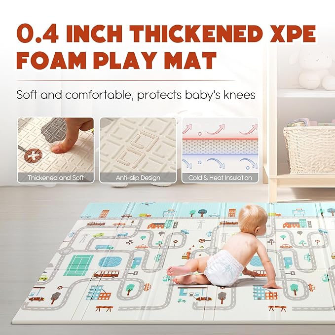 Mergren Foldable Baby Playmat 79"x51"x0.4", Reversible, Double-Sided Crawling Foam Mat for Infants and Toddlers - BPA-Free, Non-Toxic, Anti-Slip,Portable Folding - Indoor and Outdoor Use