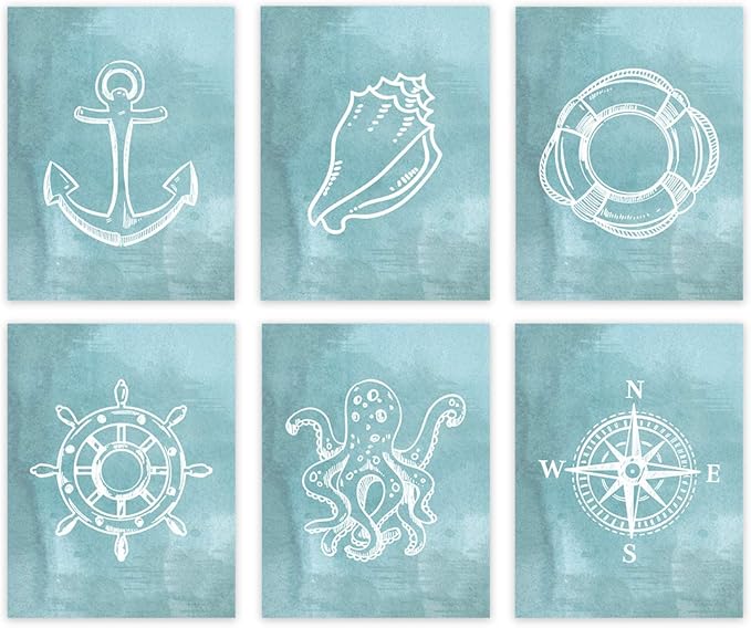 Andaz Press Ocean Nautical Sailor Theme Nursery Kids Bedroom Hanging Wall Art Decor, 8.5x11-inch, Watercolor Aqua Blue, Compass, Anchor, Shell Graphics, 6-Pack, Unframed Room Poster