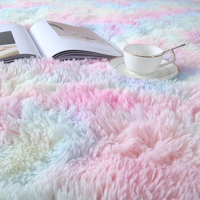 Rainbow Rugs for Girls Bedroom 3x5: Shag Fuzzy Area Rug for Kids Playroom,Pastel Plush Shaggy Carpet for Nursery Baby Toddler Dorm Room