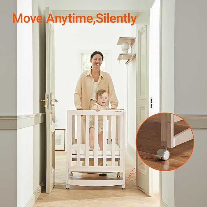 MAMAZING EvoNest Baby Crib, 6 in 1 Convertible Mini Crib with Wheels, 100% New Zealand Wood Growing Bed, 4 Adjustable Mattress Height, GREENGUARD Gold Certified, Wahsed Natural