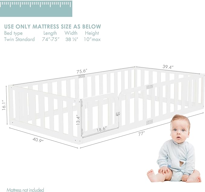 Spirich Twin Size Kids Floor Bed Frame with Fence and Door, Solid Wood Montessori Floor Bed for Kids with Safety Guardrails, Twin Bed Frame for Boys and Girls, White