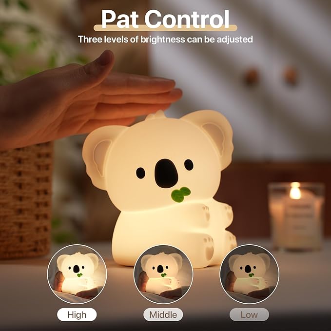 Cute Koala Night Light for Kids Rechargeable, Battery Operated Nightlight 3 Level Dimmable with RGB&Timer, Silicone Touch Nursery Lamp for Baby Girls Boys Bedroom Gifts