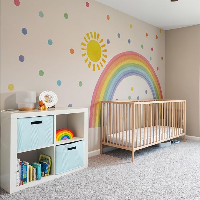 Watercolor Rainbow, Sun, Polka Dots Wall Decal for Kids Room, Nursery, Baby Room Decor, Polka Dots Mural, Rainbow Wallpaper (Rainbow-Sun-Polkadots, Large)