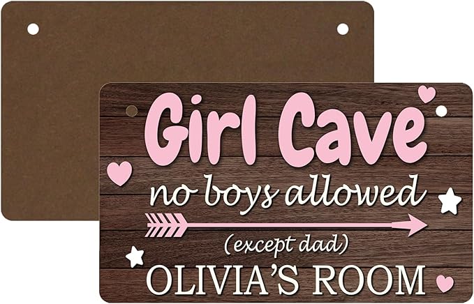 Pink Girl Cave Signs Personalized House Room Door Sign Custom Name Signs Kids Girls Bedroom Decor Nursery Room Entryway Wood Hanger Art Wall Plaque 12x6 Inches