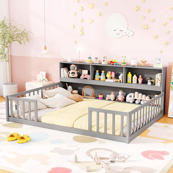 KOMFOTT Full Floor Bed with Bookcase & Shelves, Wood Bed Frame with Bedside Bookshelves & Guardrails, Versatile 2-in-1 Montessori Floor Bed for Kids (Grey)