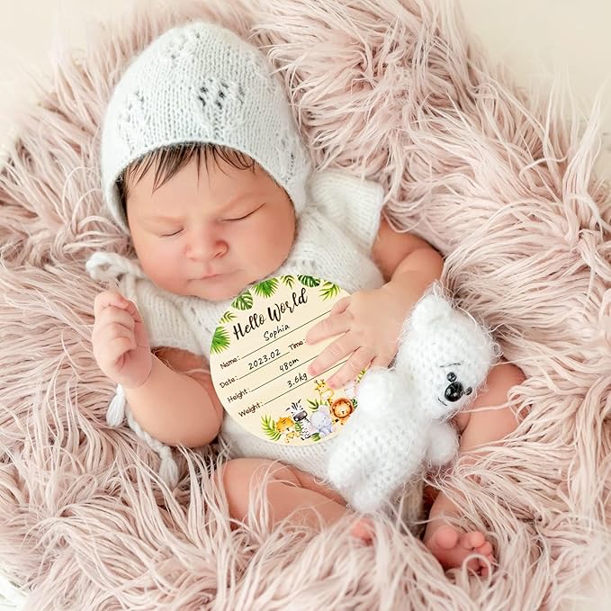 R HORSE Baby Birth Announcement Sign with Marker Pen, Safari Animals Baby Name Sign with Ink Pad for Hand and Footprints, Wooden Hello World Newborn Announcement Nursery Decor Keepsake Gifts