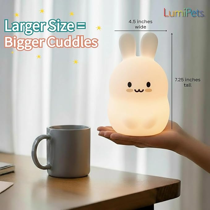 Lumipets Baxter The Bunny Squishy Night Light for Kids | Silicone Lamp with Tap & Remote Control | Rechargeable Color Changing Animal Night Light for Boys & Girls | Portable Nightlight with USB Cord